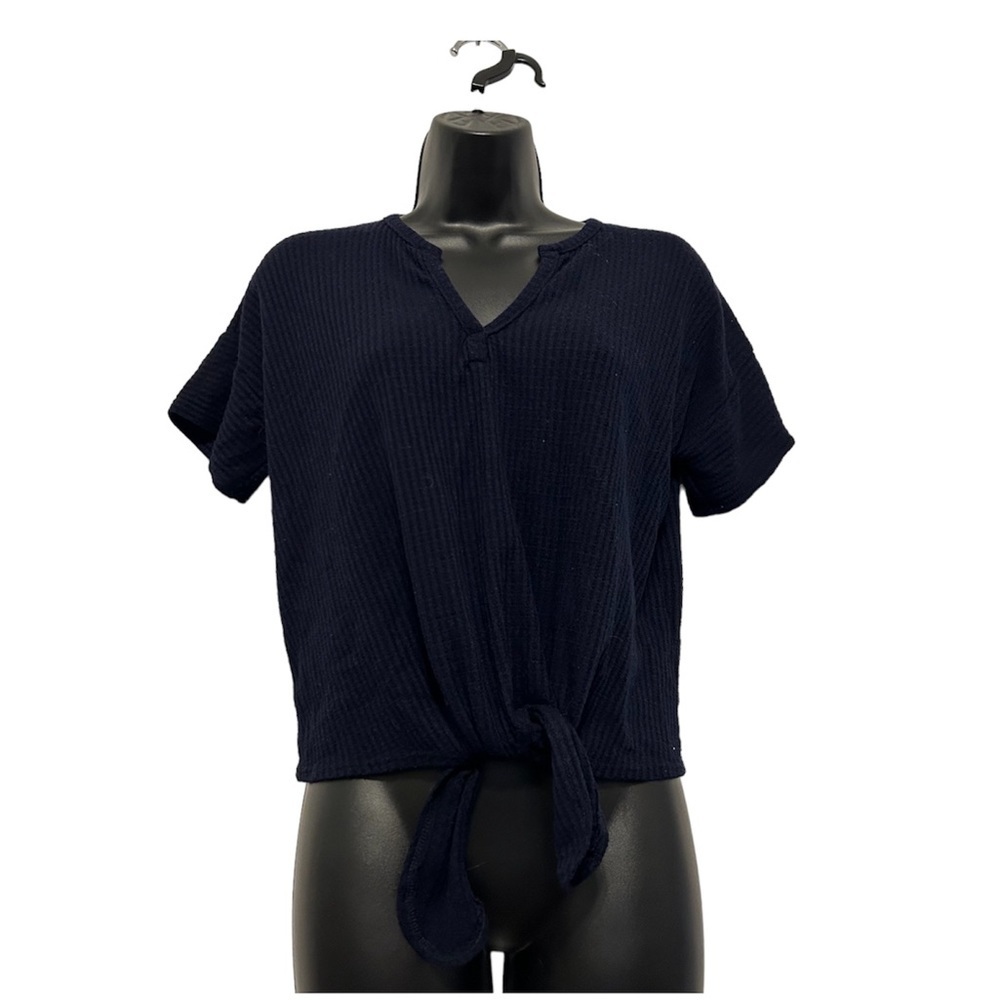 Live In the moment navy blue waffle knit ribbed v neck front tie blouse